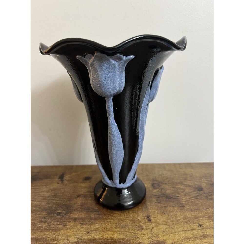 Vintage Black Glass Tulip Motif Fan Vase MCM unbranded Gorgeous Boho Cottagecore